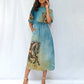 Dress-Midi-Shirt Sleeve-Elastic Waist-All-Over Print-Horse-Iconic Horse-Blue