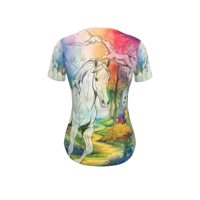 SJFS11004 Womens Horse T-Shirt=Short Sleeve-V-Neck-AOP-Rainbow Landscape