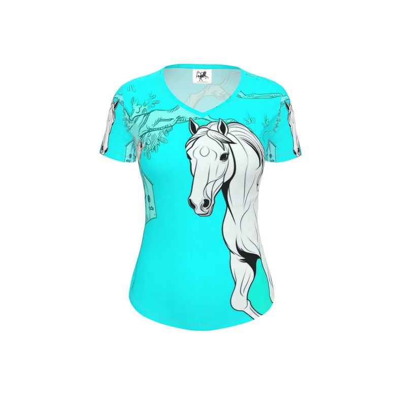 SJF11003 Womens Horse T-Shirt=Short Sleeve-V-Neck-AOP-Aqua-Turquoise