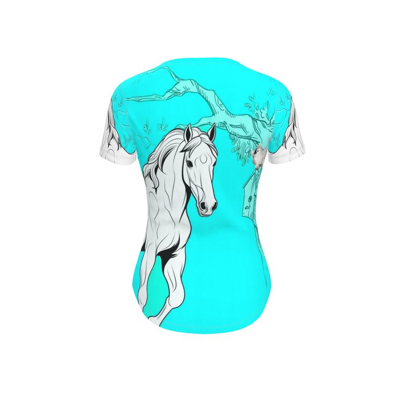 SJF11003 Womens Horse T-Shirt=Short Sleeve-V-Neck-AOP-Aqua-Turquoise