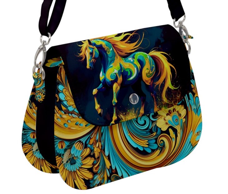 Handbag-Shoulder Bag-Saddle-Horse-Paisley-Black-Gold-Green-Turquoise-Blue