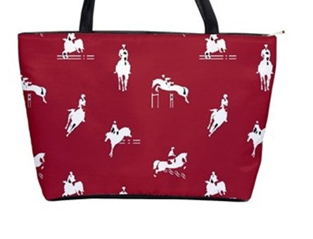 Handbag-Shoulder Bag-Canvas-Tote-Zipper-Large-Scarlet Red-Horse-Jumpers-Horse Show Grooming Supplies-