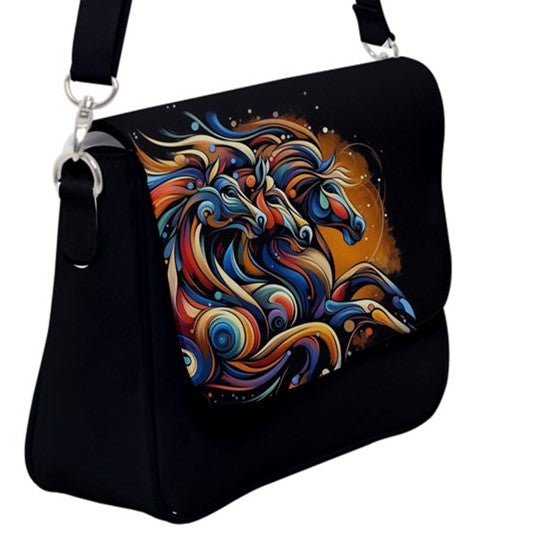 Handbag-Shoulder Bag-Canvas-Back Zipper-Black-Horses-Abstract-Colorful