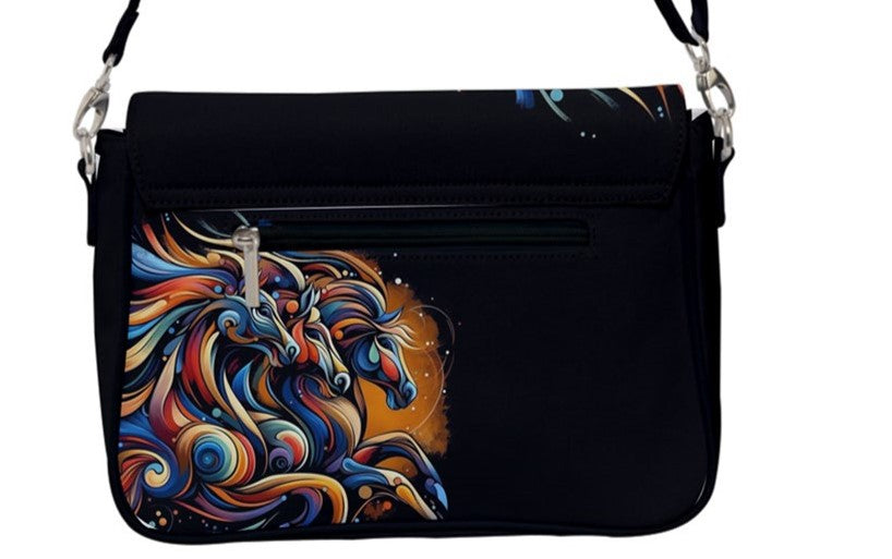 Handbag-Shoulder Bag-Canvas-Back Zipper-Black-Horses-Abstract-Colorful