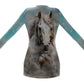 Cardigan-Women's-Pockets-Single Button-Nature-Horse Design-Blue-Brown Ecru