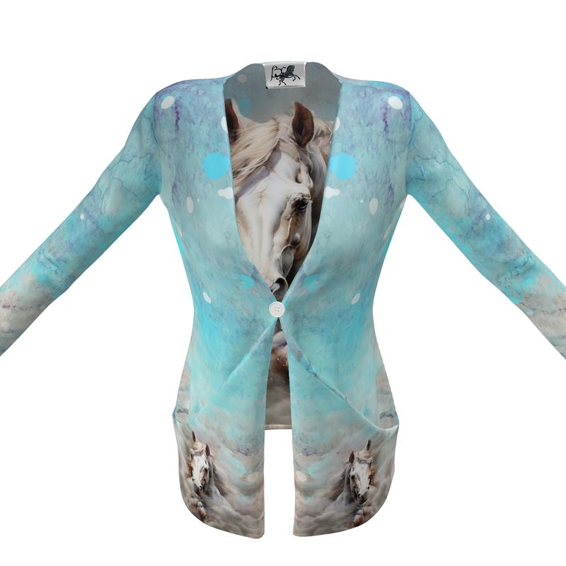 Cardigan-Women's-Pockets-Single Button-Nature-Horse Design-Blue-Brown Ecru