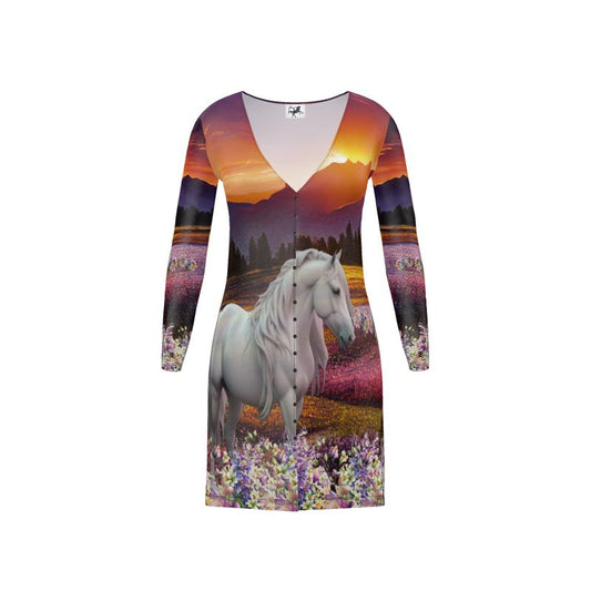 Cardigan-Womens Long Sleeve-Gray White Horse-Mountains