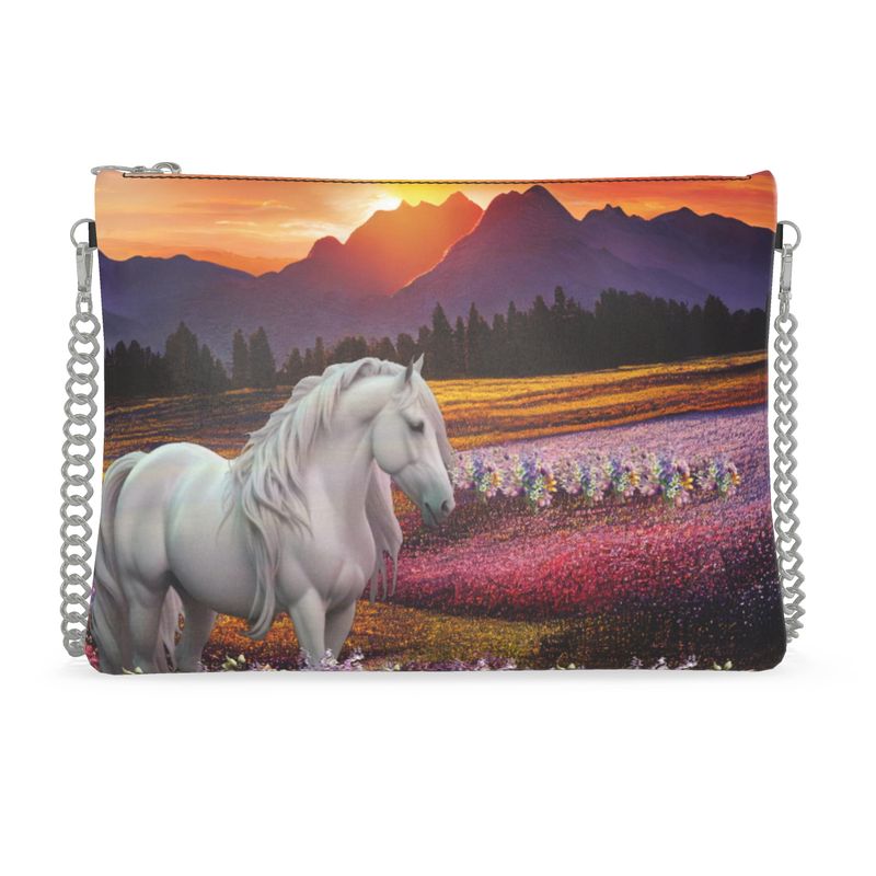 Handbag Crossbody-Chain Strap-Top Zip-Gray White Horse-Purple Pink White-Mount