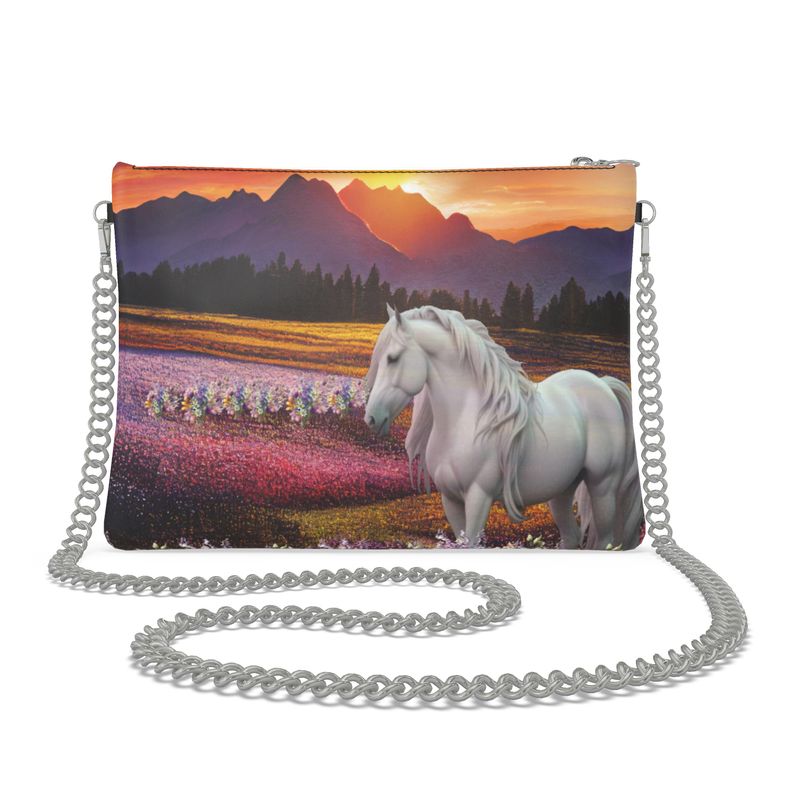 Handbag Crossbody-Chain Strap-Top Zip-Gray White Horse-Purple Pink White-Mount