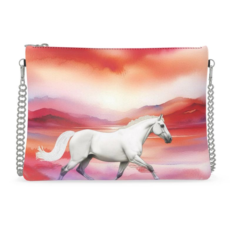 Handbag-Crossbody-Chain Strap-Top Zip-White Horse-Red White=Sunset