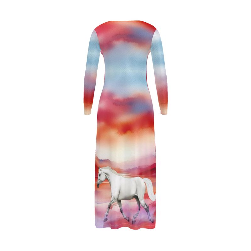 Cardigan-Women's-Button Up Dress-Maxi-White Horse-Red White Sunset Sea