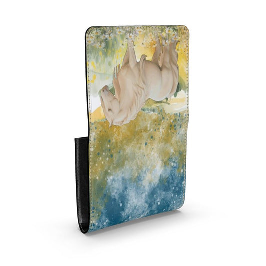 Handbag-Folder Over-Leather-Clutch Purse-White Horse-Blue Yellow-Medow