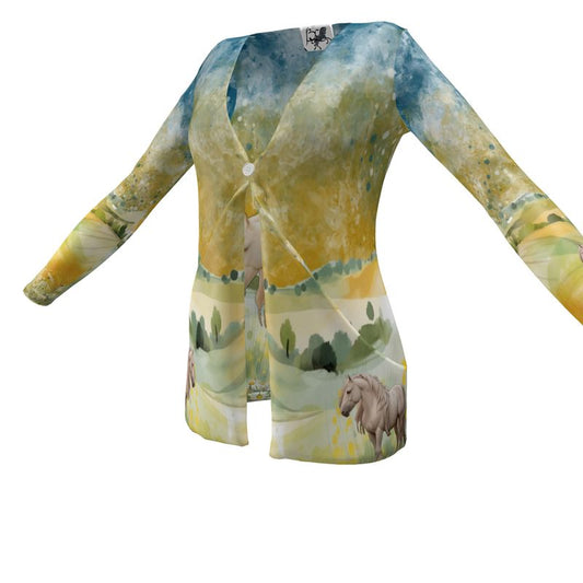 Cardigan-Women's-Pockets-Single Button-Horse-Yellow Blue-Meadow Field