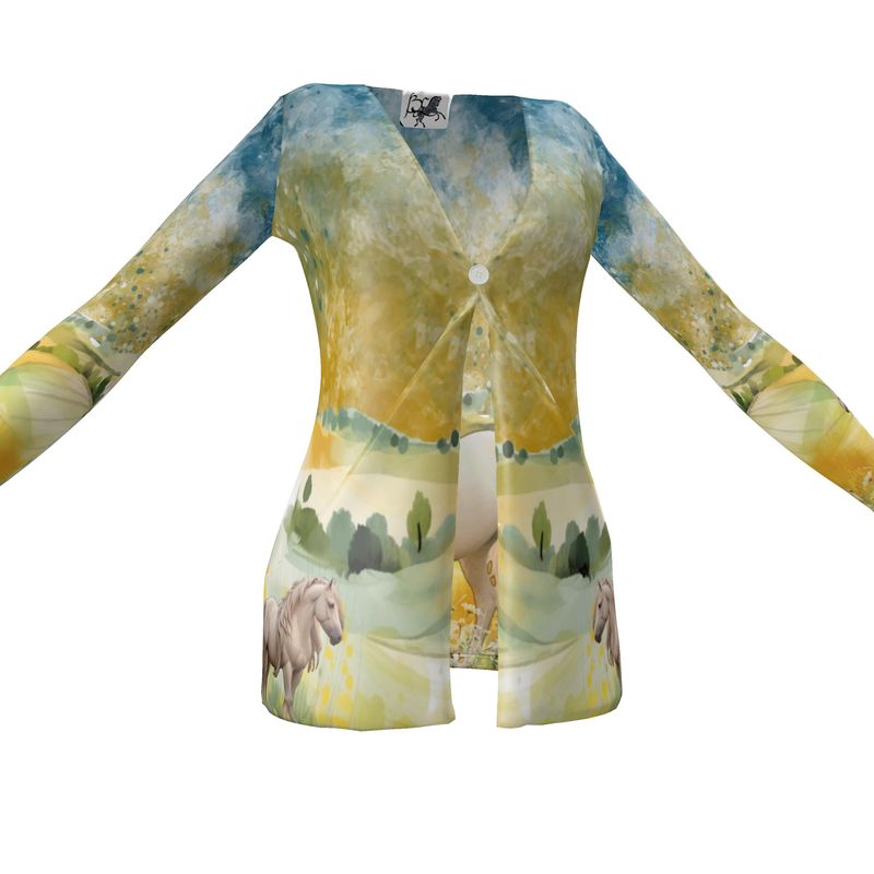 Cardigan-Women's-Pockets-Single Button-Horse-Yellow Blue-Meadow Field