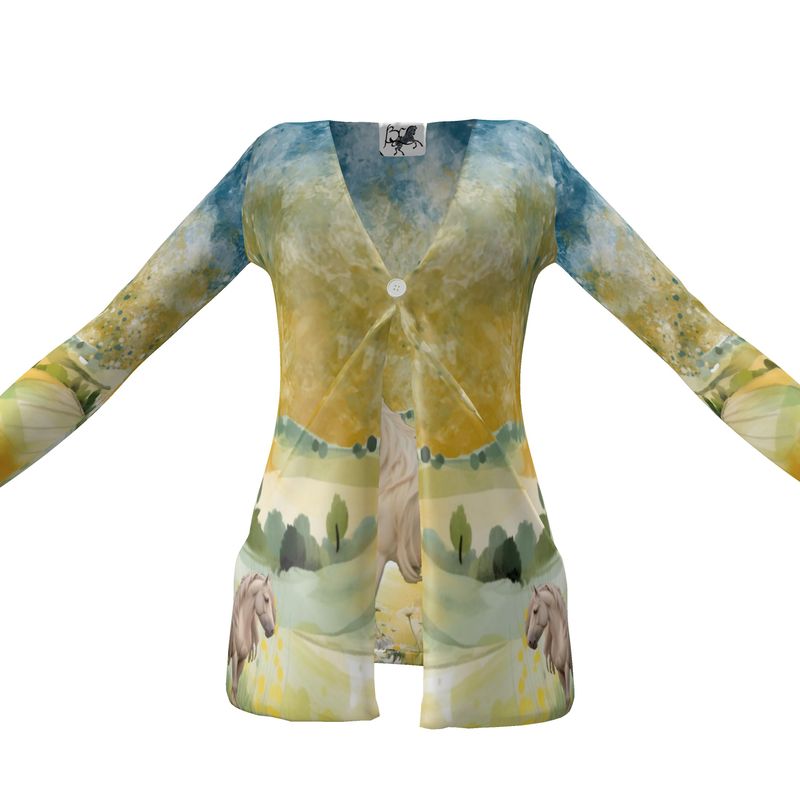 Cardigan-Women's-Pockets-Single Button-Horse-Yellow Blue-Meadow Field