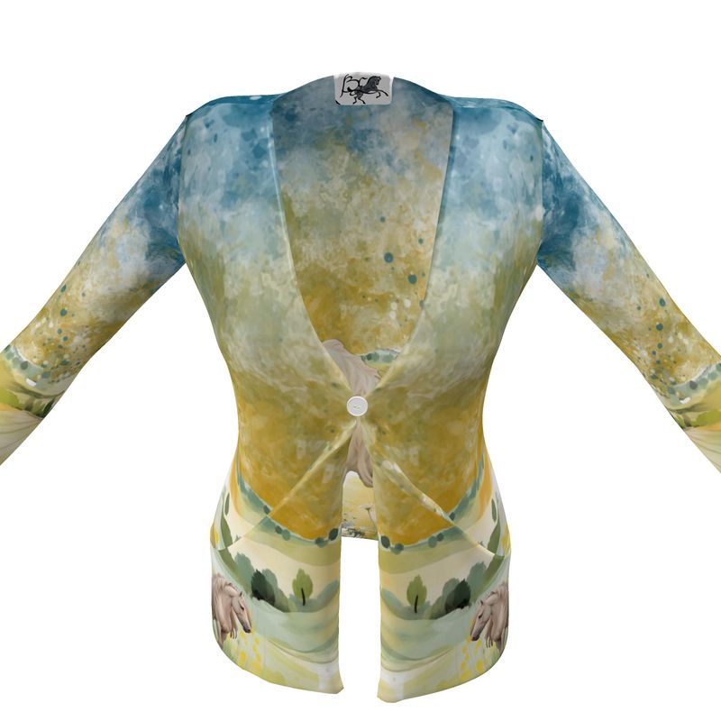 Cardigan-Women's-Pockets-Single Button-Horse-Yellow Blue-Meadow Field