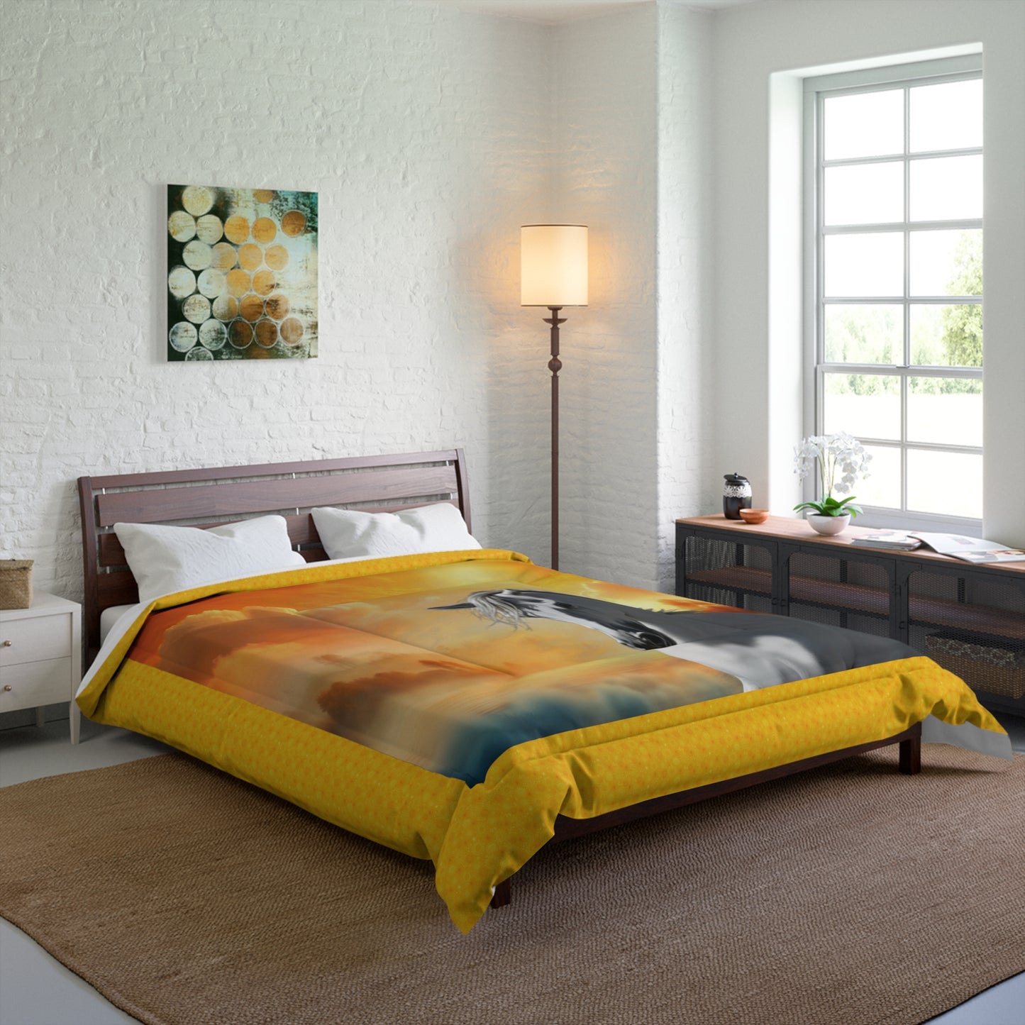 Comforter-White Horse Design-4 Sizes-King Queen Double Twin-Orange-Yellow