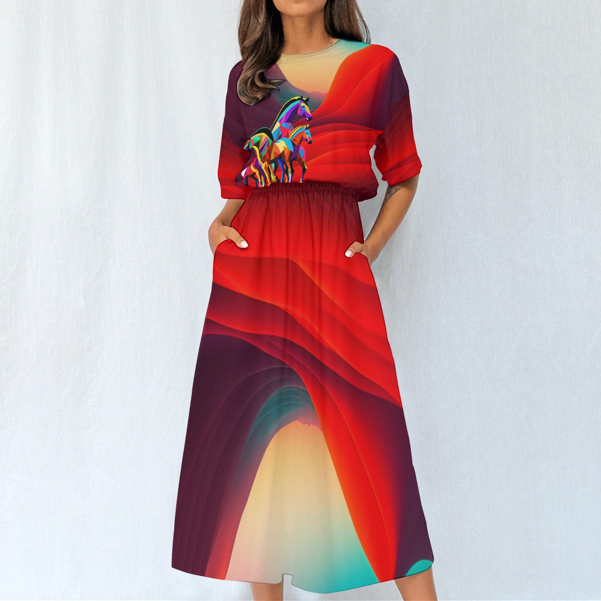 Dress-Midi-Shirt Sleeve-Elastic Waist-All-Over Print-Horses-Red