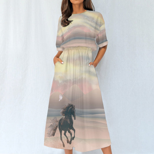 Dress-Midi-Shirt Sleeve-Elastic Waist-All-Over Print-Horses-Dark Palomino-Dusty Morning-Pink Pastels