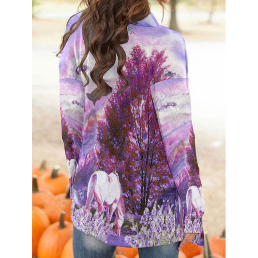 Cardigan-Women's-All-Over Print-Long Sleeve-Nature-Horse Design-Purple-Lavender