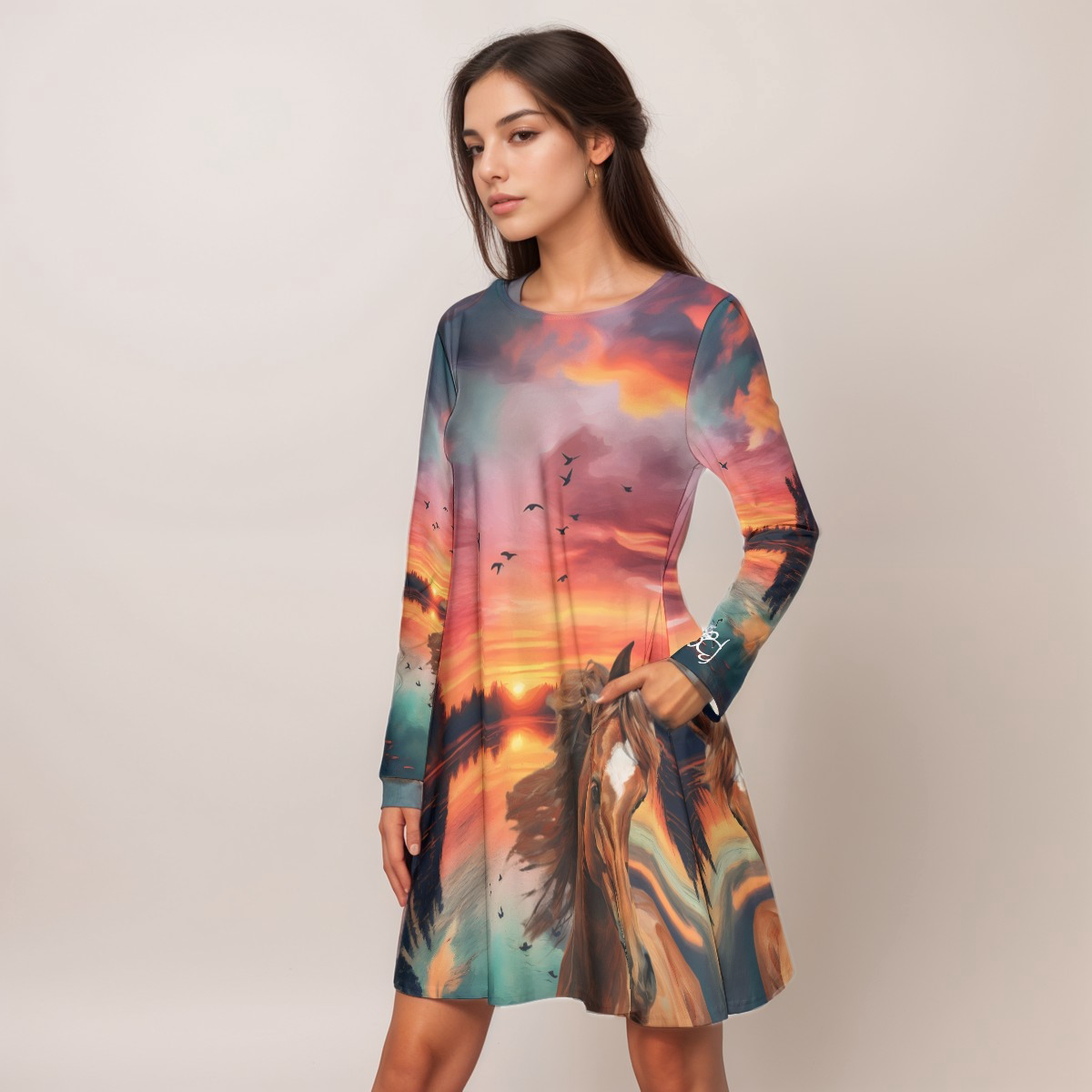 Dress-Women's Crew Neck-All-Over Print-Chestnut Horse-Orange-Green