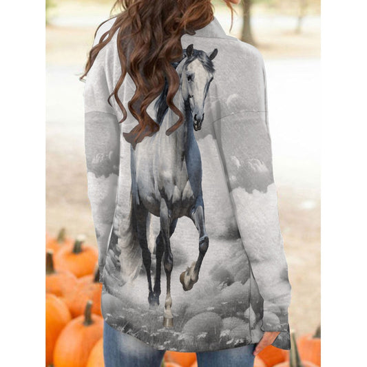 Cardigan-Women's-All-Over Print-Long Sleeve-Nature-Horse Design-Neutral Gray Black White