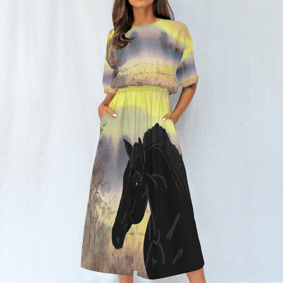 Dress-Midi-Shirt Sleeve-Elastic Waist-All-Over Print-Black Horse-Field-Yellow-Black