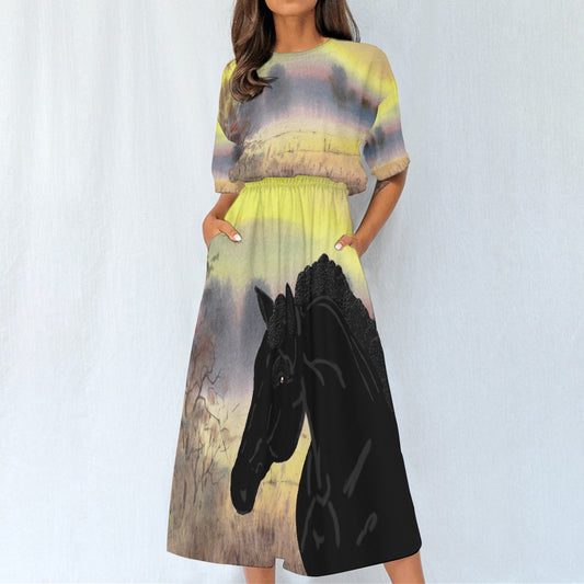 Dress-Midi-Shirt Sleeve-Elastic Waist-All-Over Print-Black Horse-Field-Yellow-Black