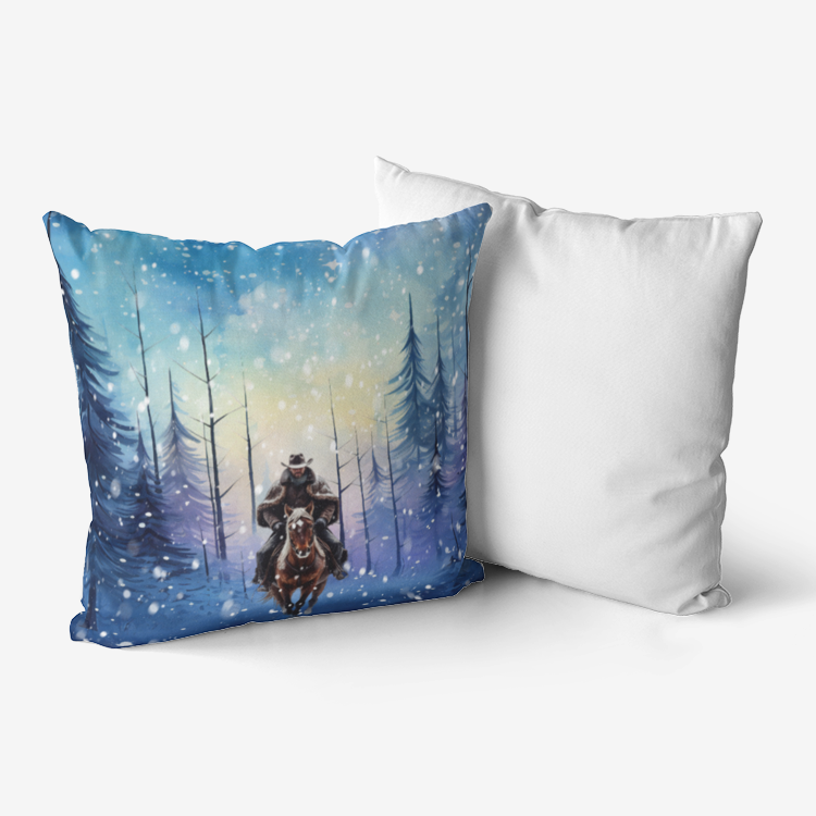 Pillow-Throw-Premium Hypoallergenic-Cowboy-Horse-Forest-Snow