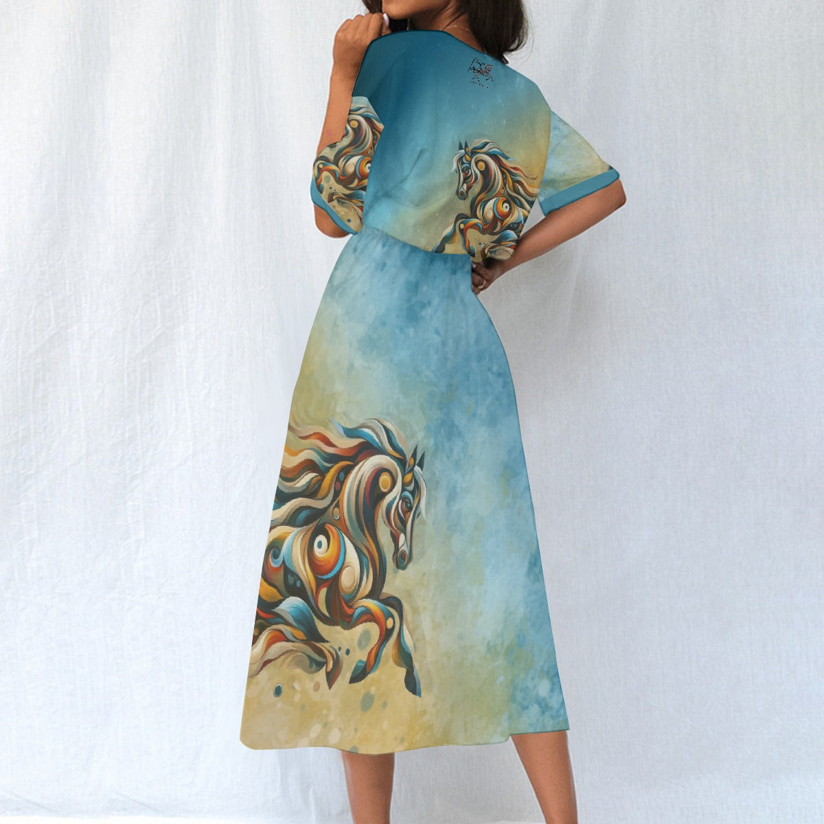 Dress-Midi-Shirt Sleeve-Elastic Waist-All-Over Print-Horse-Iconic Horse-Blue