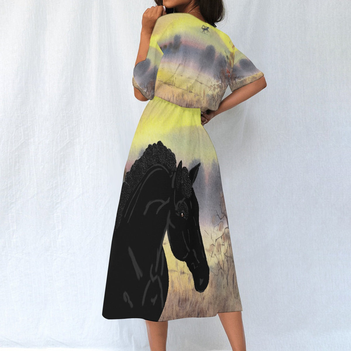 Dress-Midi-Shirt Sleeve-Elastic Waist-All-Over Print-Black Horse-Field-Yellow-Black