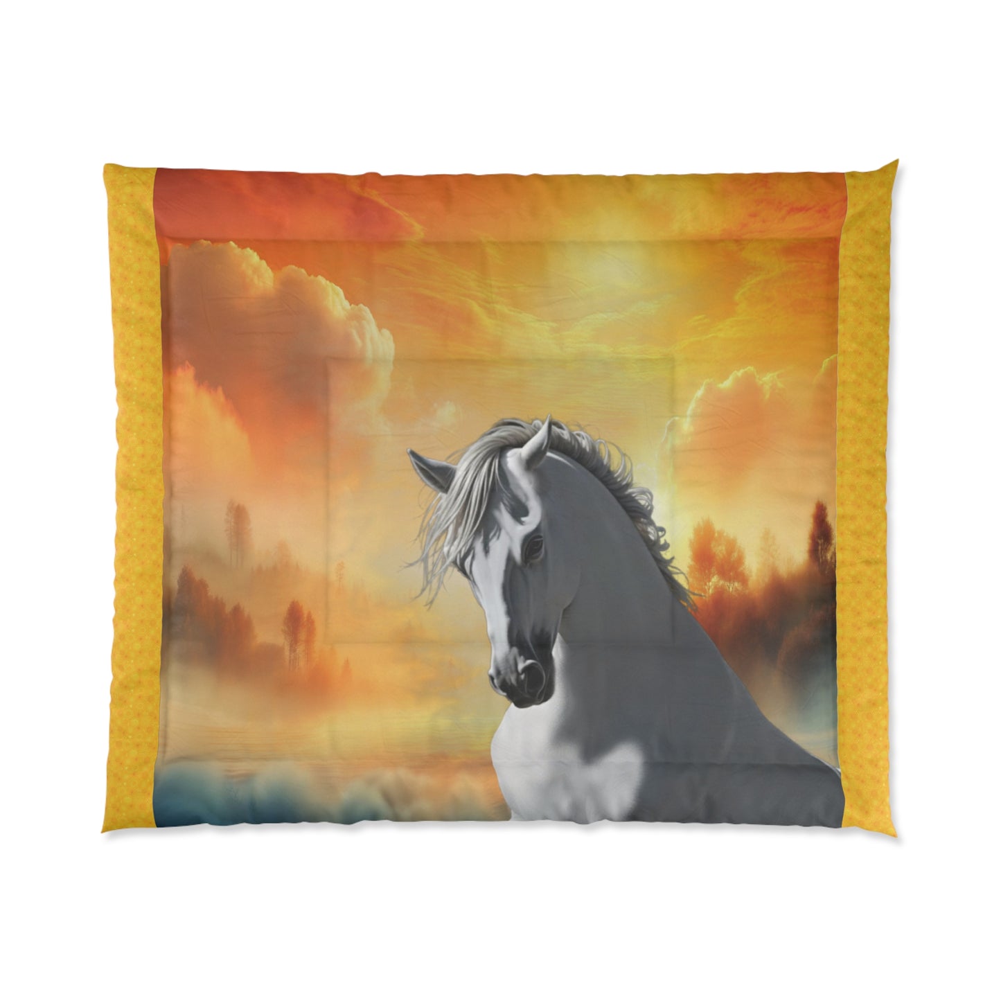 Comforter-White Horse Design-4 Sizes-King Queen Double Twin-Orange-Yellow