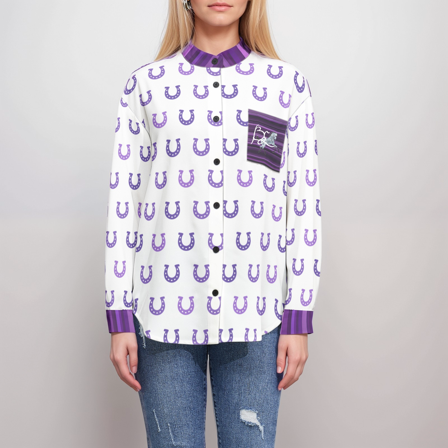 Shirt-Button Up-Women's-Long Sleeve-Casual Top-Dressy Blouse-Horseshoe-Goodluck-Purple