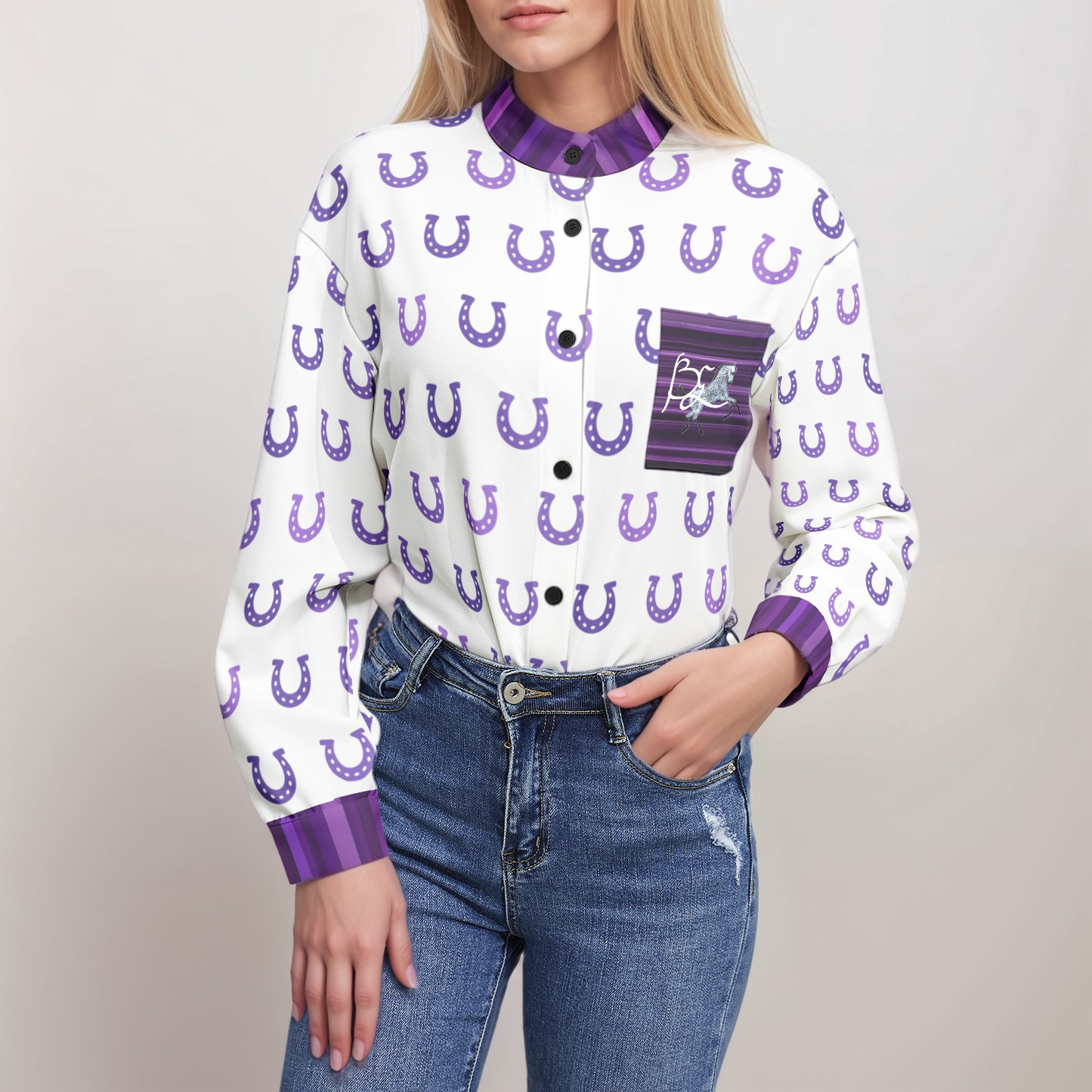 Shirt-Button Up-Women's-Long Sleeve-Casual Top-Dressy Blouse-Horseshoe-Goodluck-Purple