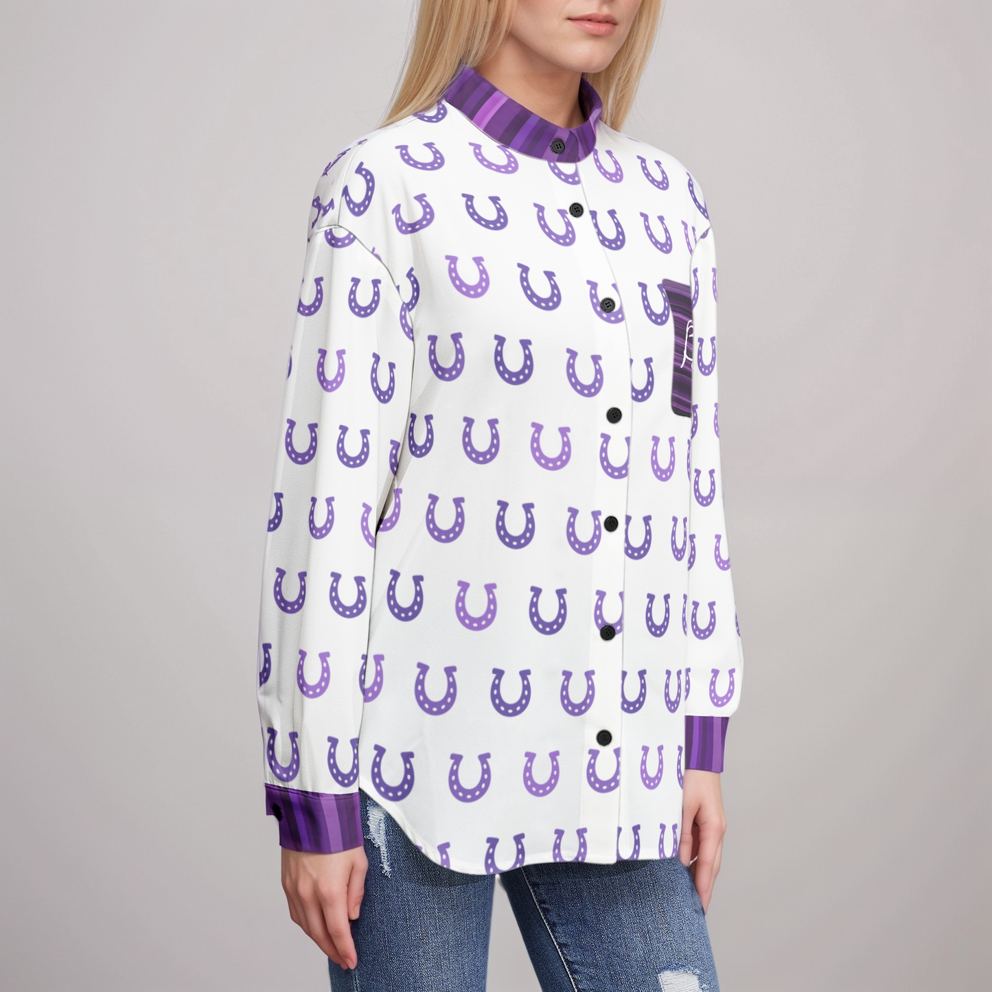 Shirt-Button Up-Women's-Long Sleeve-Casual Top-Dressy Blouse-Horseshoe-Goodluck-Purple