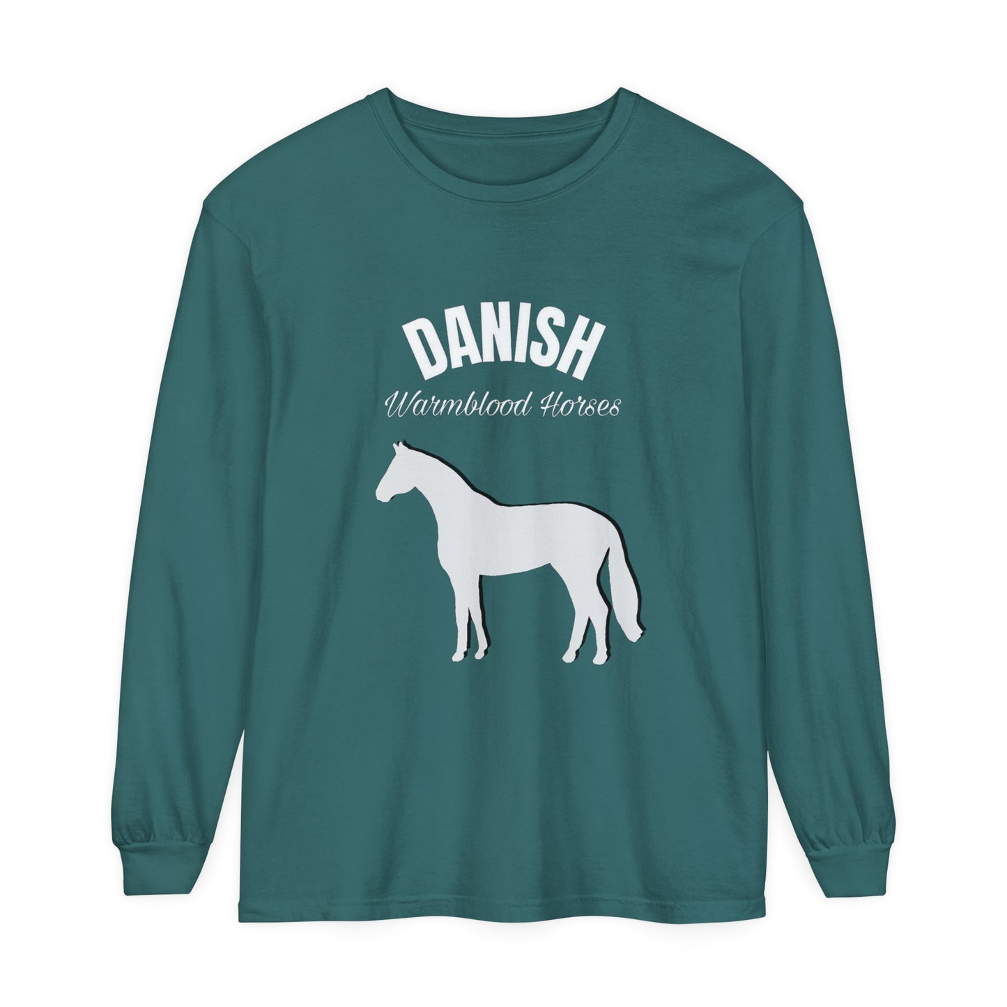 T-Shirt-Women's-Men's-Garment-dyed-Long Sleeve-All Cotton-Horses-Danish Warmbloods