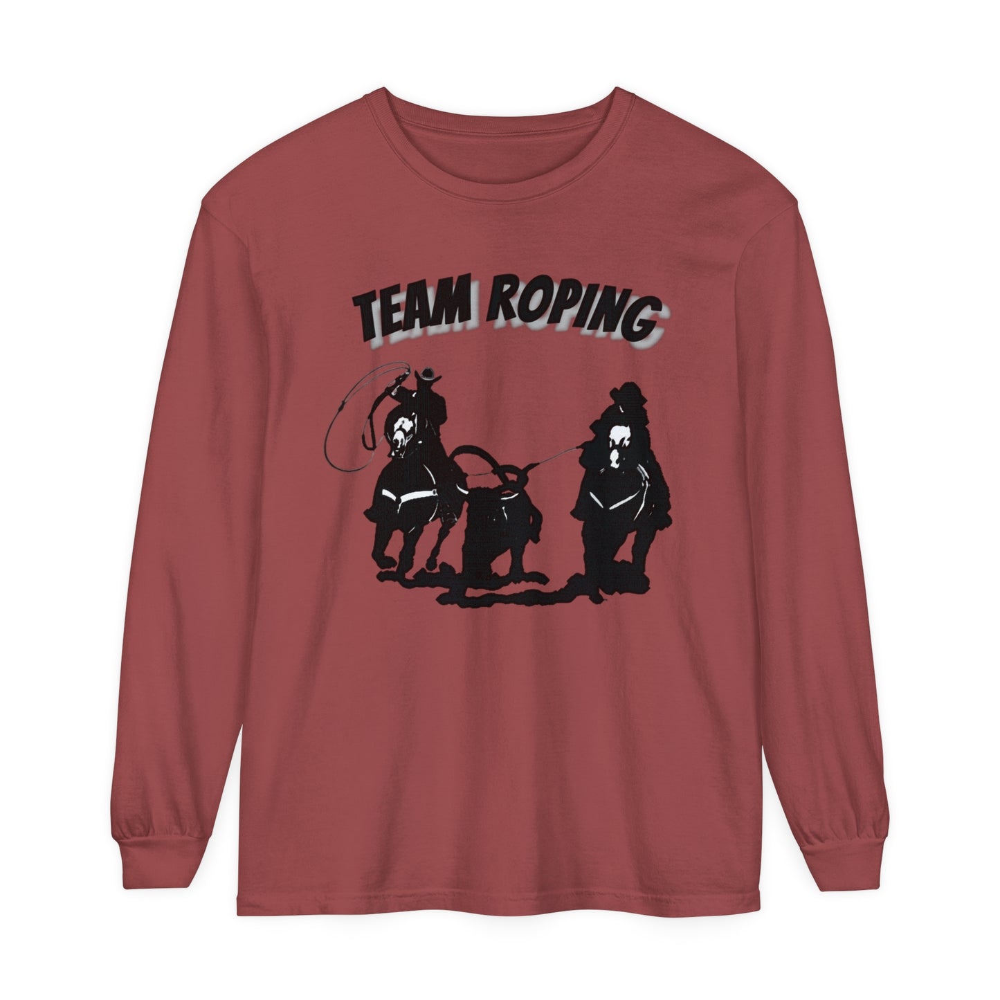 T-Shirt-Women's-Men's-Garment-dyed-Long Sleeve-All Cotton-Horses-Rodeo-Team Roping