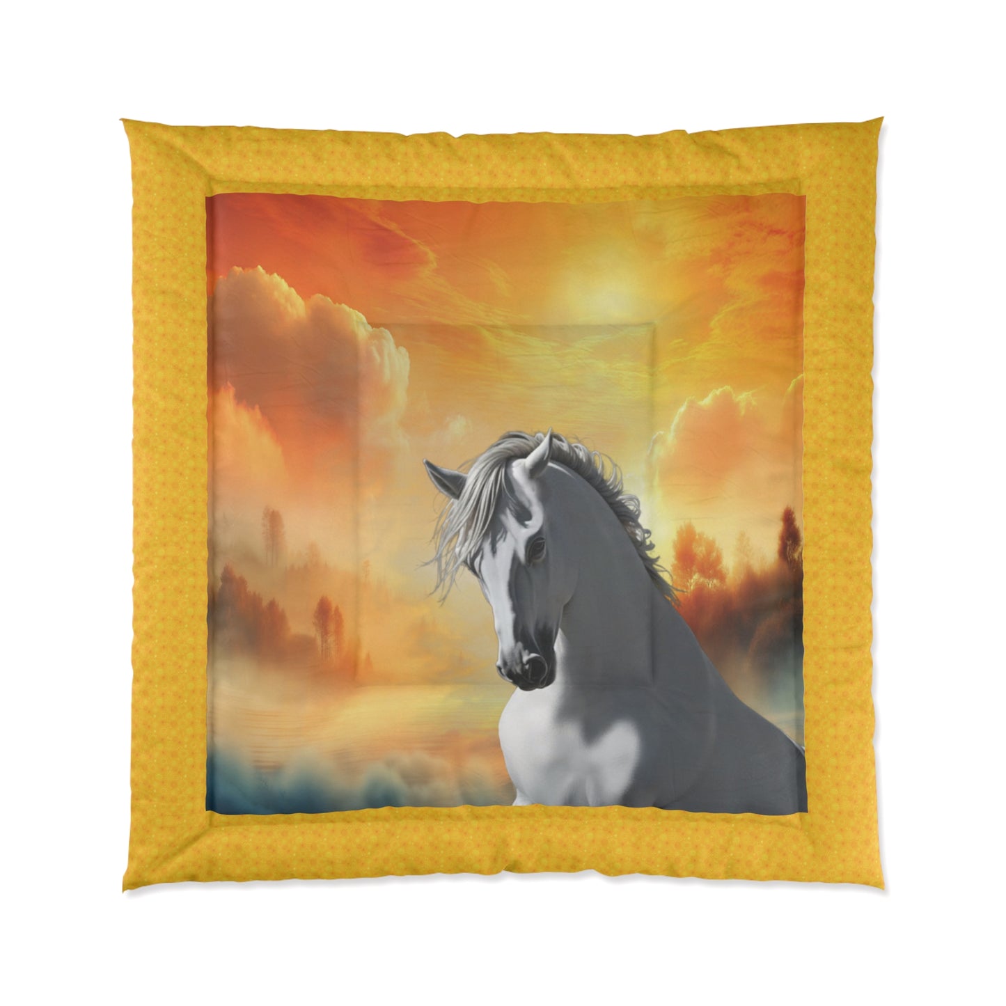 Comforter-White Horse Design-4 Sizes-King Queen Double Twin-Orange-Yellow