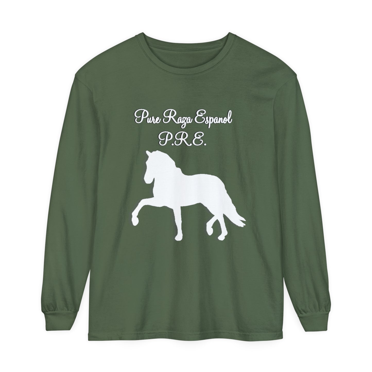 T-Shirt-Women's-Men's-Garment-dyed-Long Sleeve-All Cotton-Horses-P.R.E-Pure Raza Espanola