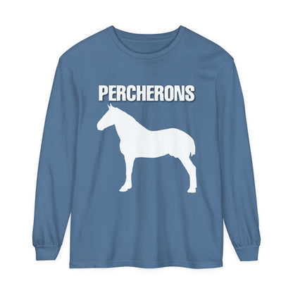 T-Shirt-Women's-Men's-Garment-dyed-Long Sleeve-All Cotton-Horses-Percheron Draft