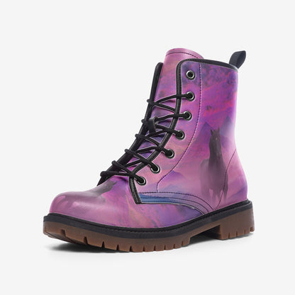 Boots-Lace Up-Casual-Faux Leather-Lightweight-Black Horse-Pink-Blue-Lavender