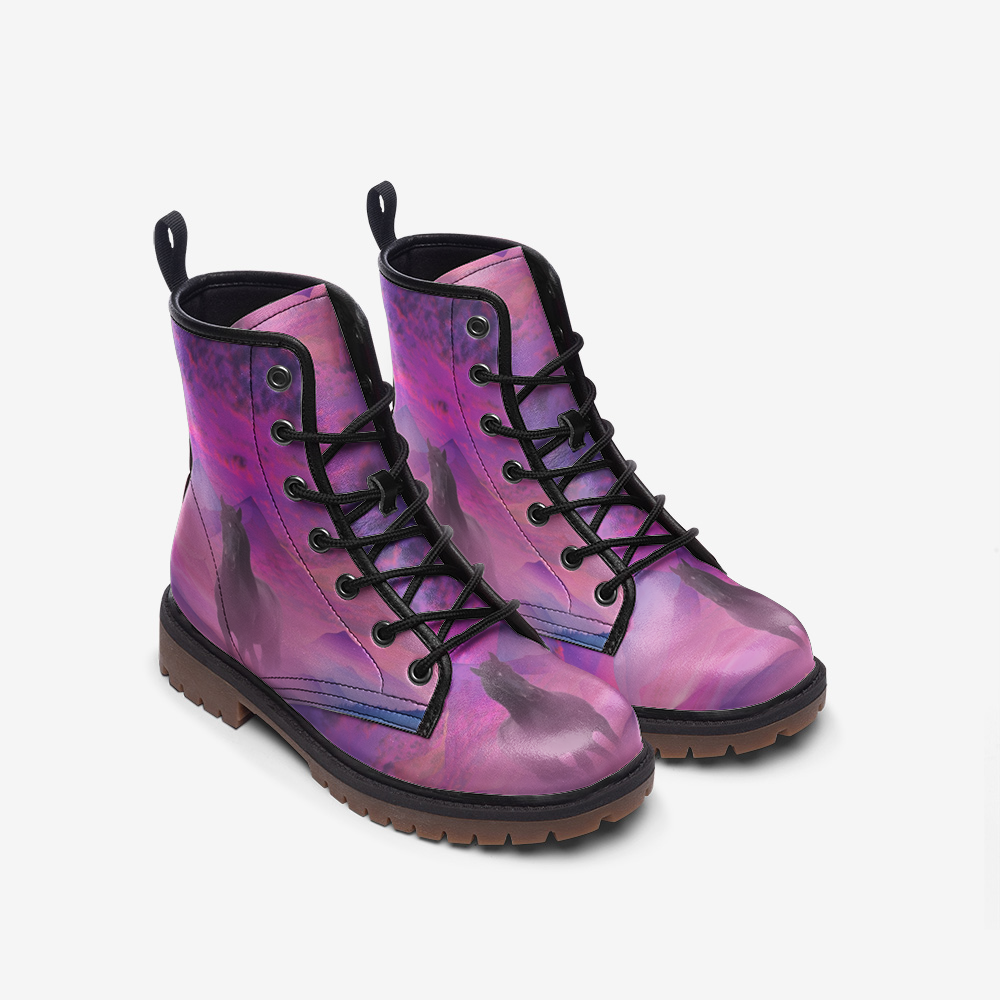 Boots-Lace Up-Casual-Faux Leather-Lightweight-Black Horse-Pink-Blue-Lavender