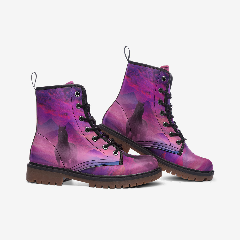 Boots-Lace Up-Casual-Faux Leather-Lightweight-Black Horse-Pink-Blue-Lavender