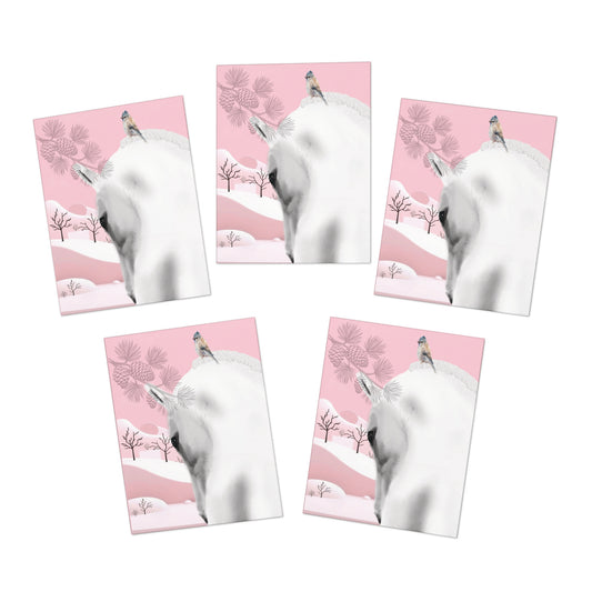 Holiday Cards Horses-(5-Pack)- 5 Same Design-White Horse-Bird