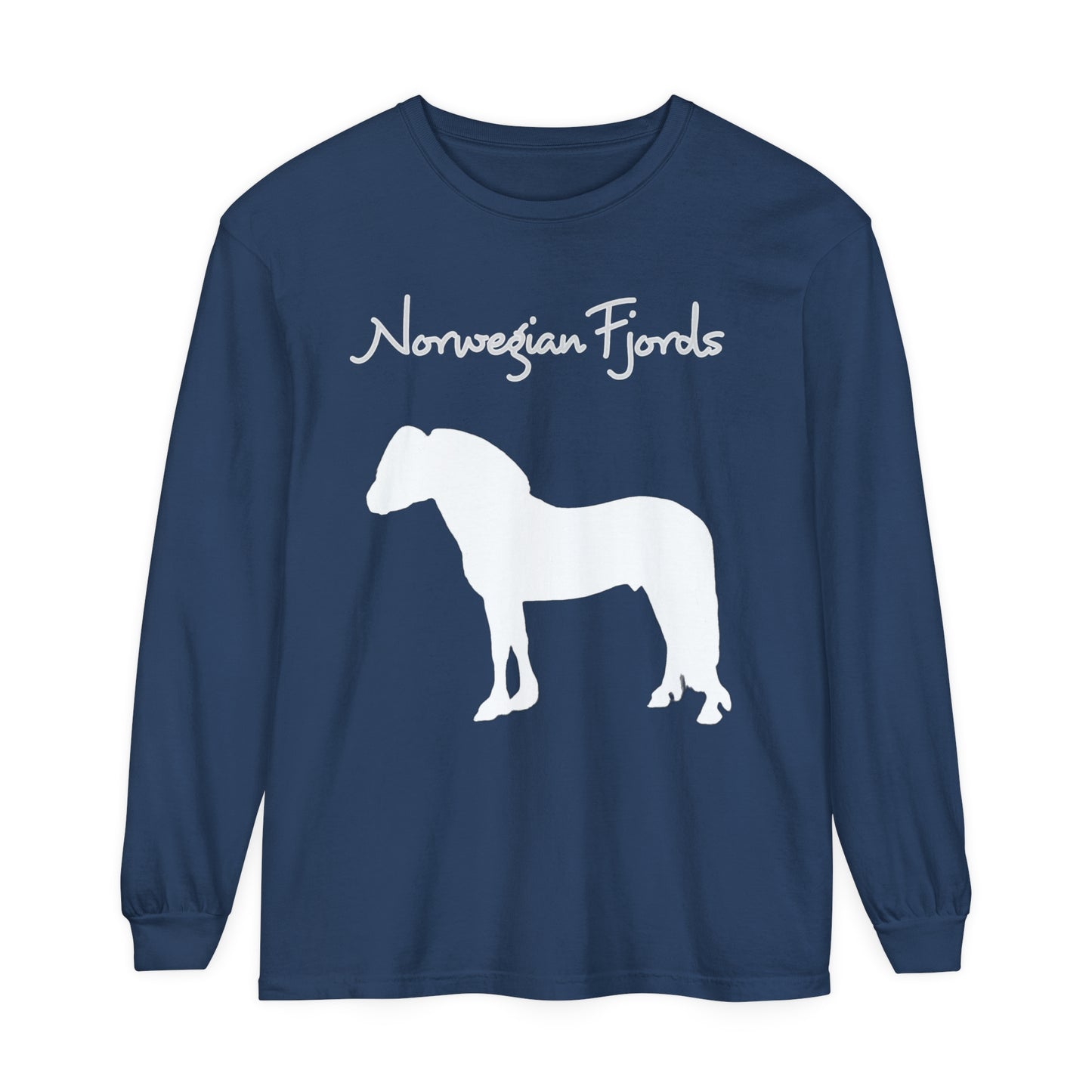 T-Shirt-Women's-Men's-Garment-dyed-Long Sleeve-All Cotton-Horses-Norwegian Fjords