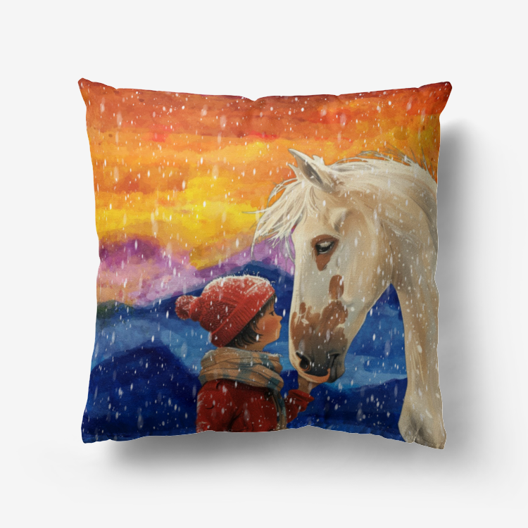 Pillow-Throw-Premium Hypoallergenic-Paint-Horse-Pinto-Girl Winter-Red-Orange