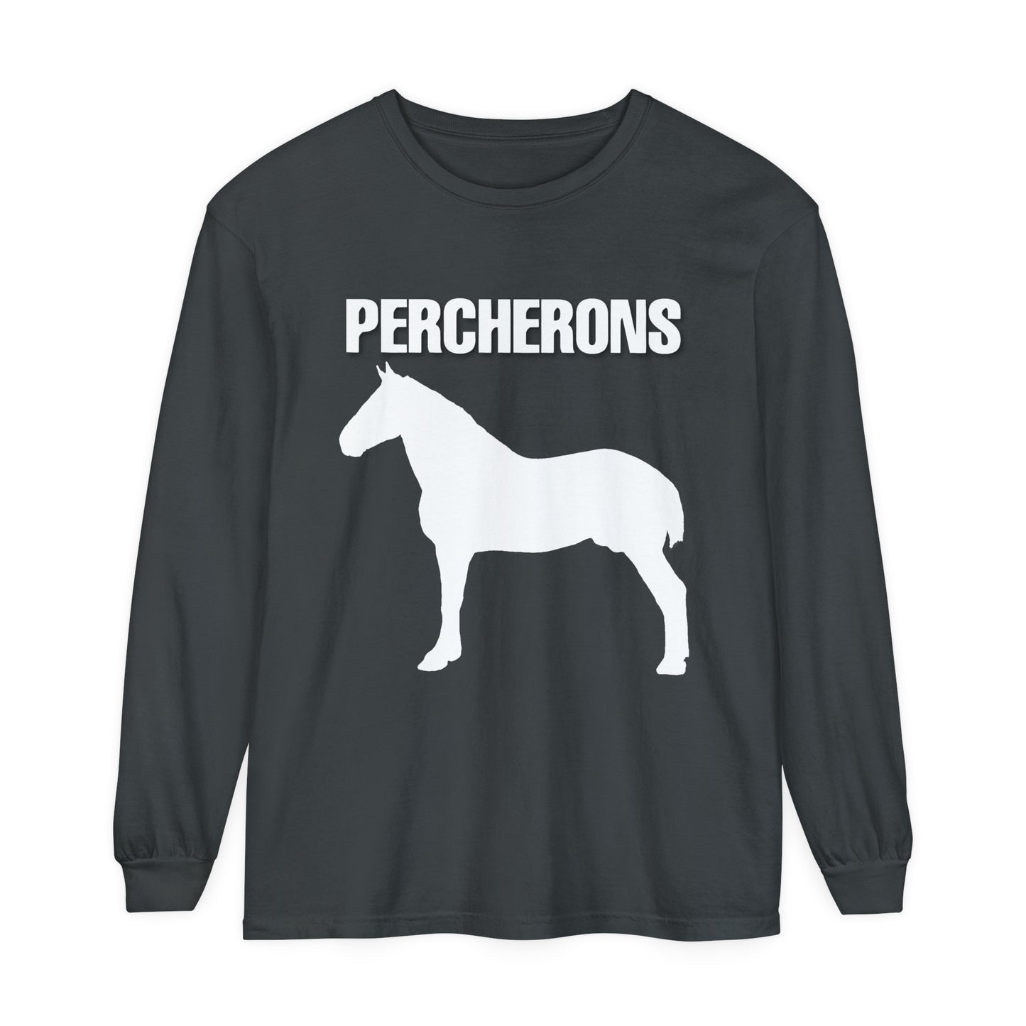 T-Shirt-Women's-Men's-Garment-dyed-Long Sleeve-All Cotton-Horses-Percheron Draft