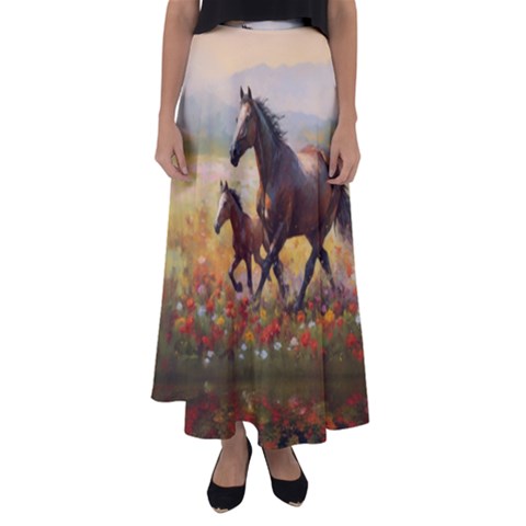 S9040_Horses_Landscape_ext Flared Maxi Skirt