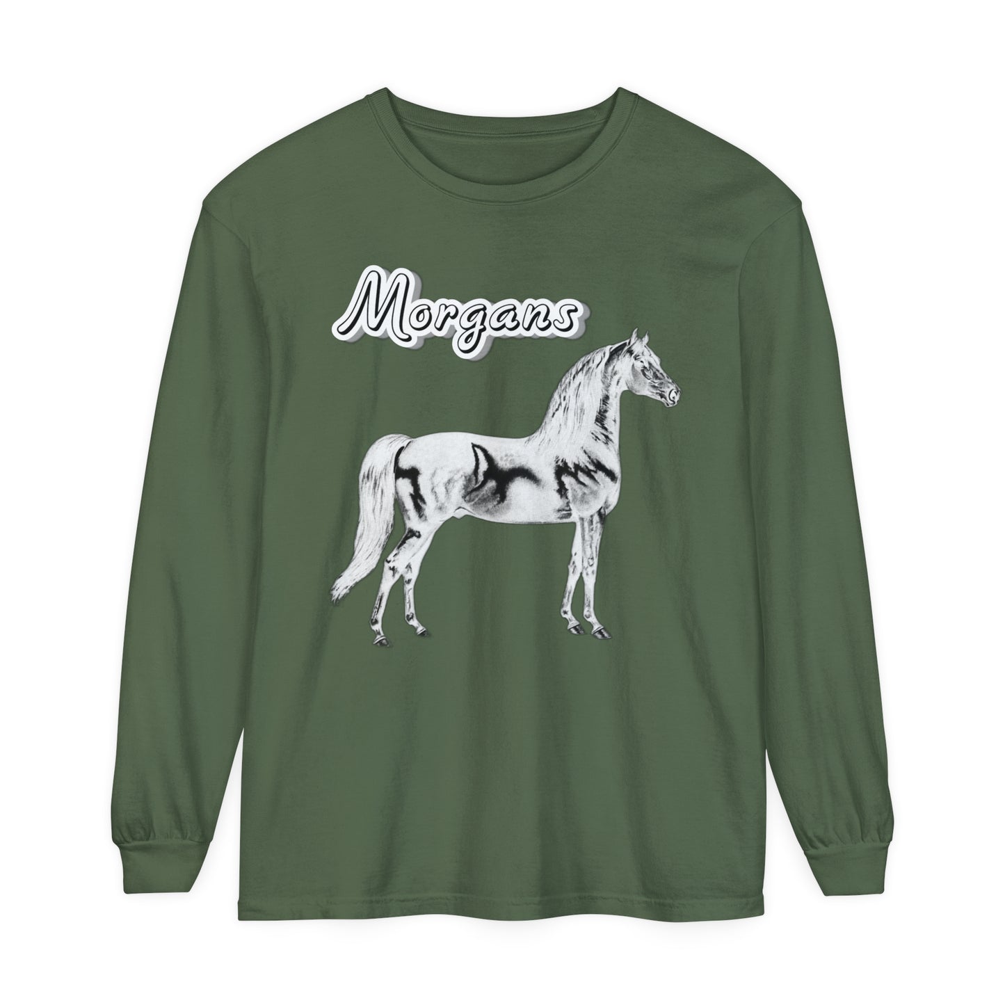 T-Shirt-Women's-Men's-Garment-dyed-Long Sleeve-All Cotton-Horses-Morgans