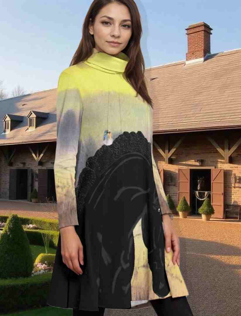 Top-Tunic-Dress-Turtle Neck-Long Sleeves-All Over Print-Black Horses-Field-Yellow-Black-Pastels